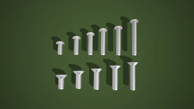 卡通风格多规格螺丝组合 3D 低多边形工业零件场景装饰模型