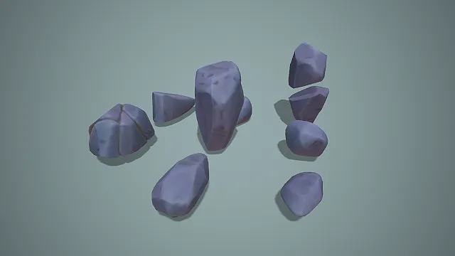 卡通低模带裂纹岩石石块 3D 模型套装 蓝灰色做旧款