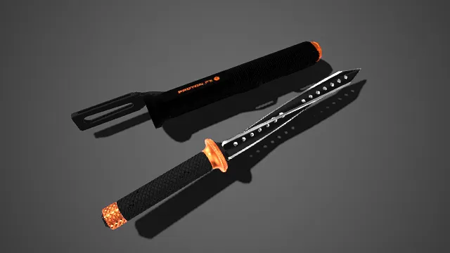 短刀  刀鞘  黑橙配色  银色刀刃  防滑纹  风格化