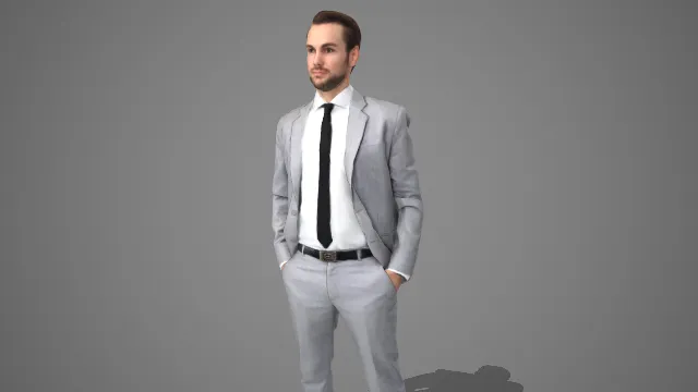 浅灰西装黑领带男士商务正式站姿 3D 模型