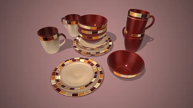 一套欧式轻奢风格的马赛克纹陶瓷餐具模型