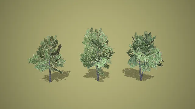 多形态阔叶树组合 3D 低多边形户外景观场景装饰模型