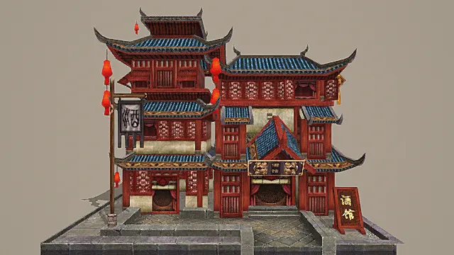 卡通风格中式热闹酒馆建筑3D模型