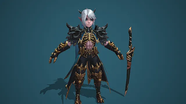 卡通 Q 版银发魔角精灵黑金狼铠弯刀 3D 游戏角色模型