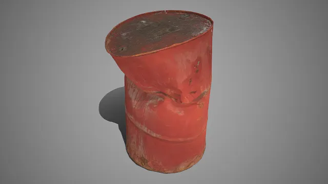 红铁桶  褪色红漆  锈蚀  剥落痕迹  变形破损  废弃破败  工业废墟