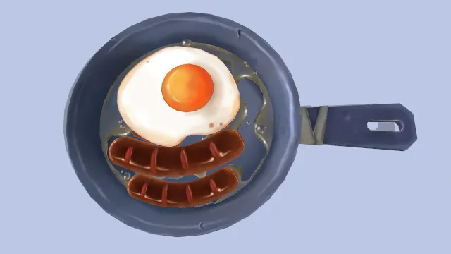 卡通风格制作放在煎锅里的香肠和煎蛋食物