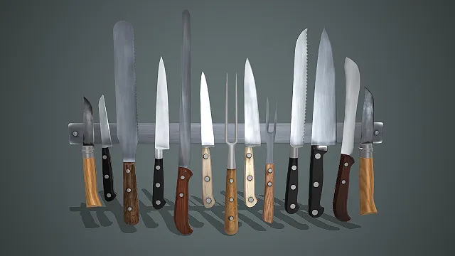 一套写实风格的壁挂式磁吸刀具组模型