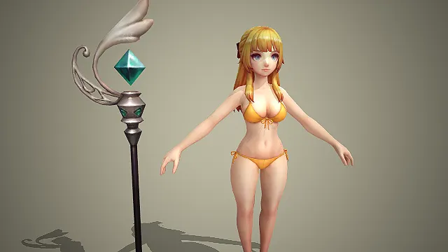 卡通写实风夏日比基尼少女法师带绿晶法杖 3D 游戏角色模型