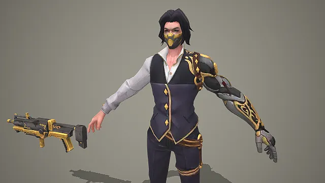 赛博风机械义肢蒙面男枪手角色 3D 模型 配黑金改装步枪