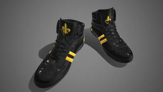 潮流风格  高帮球鞋  亮面黑色皮质  黄色条纹装饰  日常穿搭  简洁利落