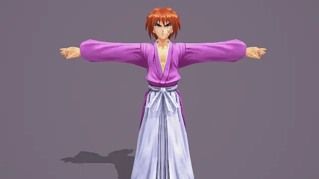 3D卡通风格紫灰橙系和风角色模型，创意设计（3D角色、卡通风格、和风复古风，角色设计主题）