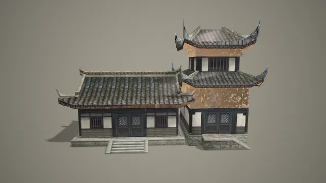 写实风格中式古风楼阁与厢房 3D 模型 古代建筑场景搭建素材