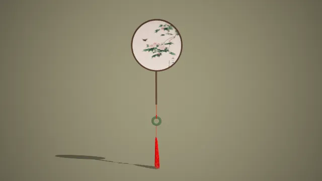 中式水墨花鸟芭蕉形团扇套装 3D 低多边形古风道具模型