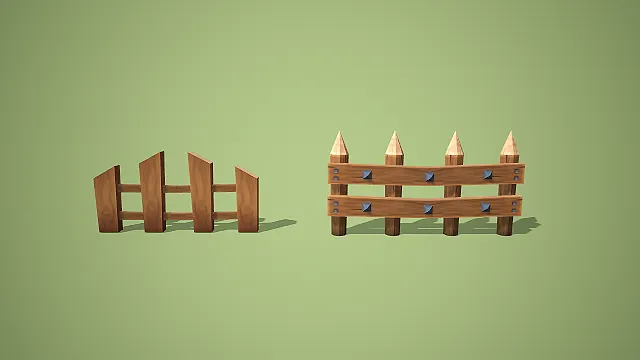 卡通风格斜切与尖桩带钉双款式木栅栏 3D 低多边形场景装饰模型