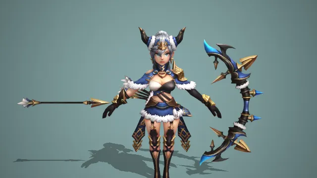 卡通 Q 版雪原兽耳女弓箭手带冰晶猎弓 3D 游戏角色模型
