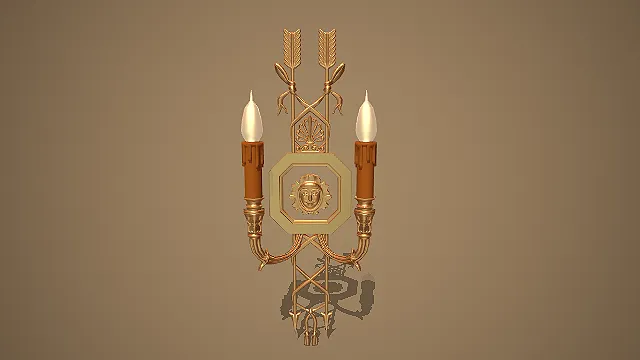 欧式新古典金色箭纹人面浮雕双烛台壁灯装饰模型