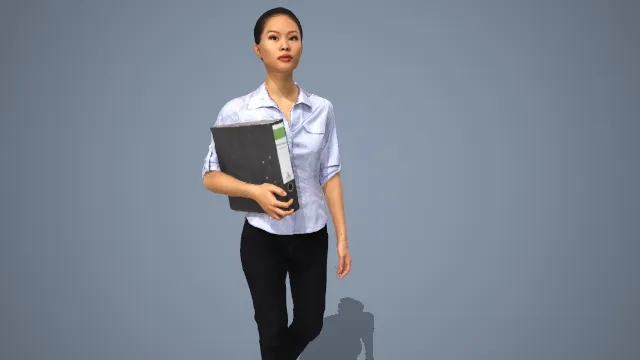 干练职场风浅灰衬衫配黑裤女性持夹行走形象 3D 模型
