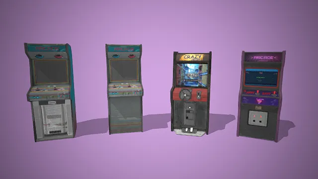 一组复古风格的街机3D模型，包含多款不同外观和功能的机台