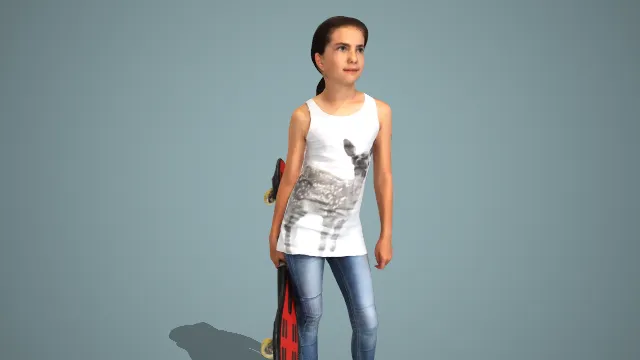 动物印花无袖衫女孩持滑板站姿 3D 模型