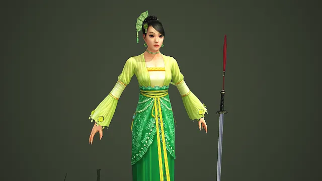 持长剑的古风绿衣温婉仕女游戏角色模型
