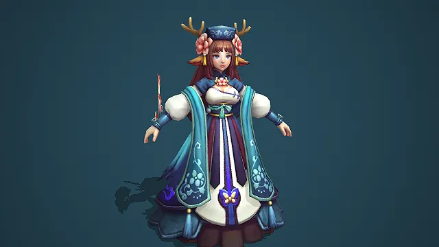 卡通 Q 版古风鹿耳花饰女法师带蓝纹长袍 3D 游戏角色模型