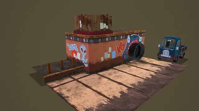 复古风格场景3D模型，创意设计（复古场景、卡通风格、建筑、涂鸦、蓝色卡车、灰色背景 ）