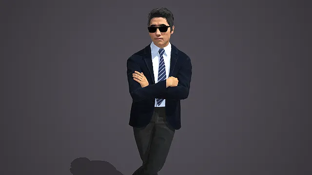 戴墨镜穿西装抱臂叉腿站立的商务男性写实模型