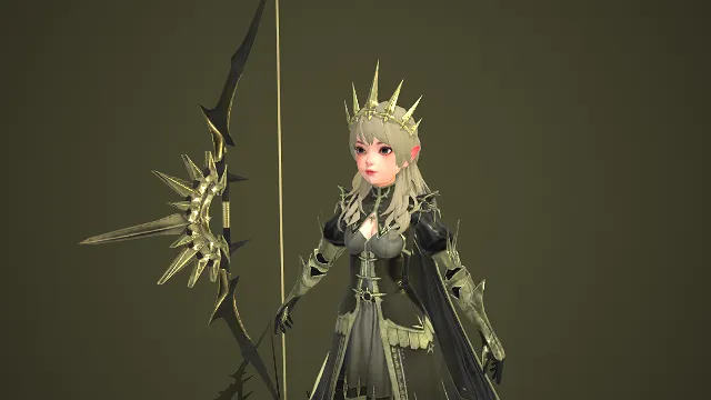 奇幻风格   3D 游戏角色  精灵族少女  尖刺造型  长弓  华丽  少女形象