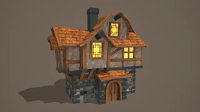 奇幻中世纪风石基木构悬屋3D模型