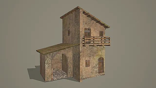 复古石砌带木质阳台建筑3D模型