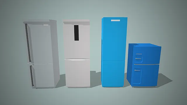 一组低多边形卡通风格的3D冰箱模型集合