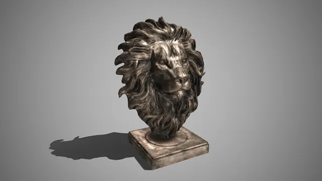 狮头雕塑  五官轮廓深邃  神态威严  雄狮  现代风格  鬃毛卷曲飘逸  艺术摆件  美学与装饰价值
