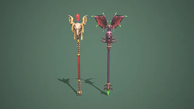 两款暗黑魔幻风格亡灵法杖 3D 模型 游戏武器道具