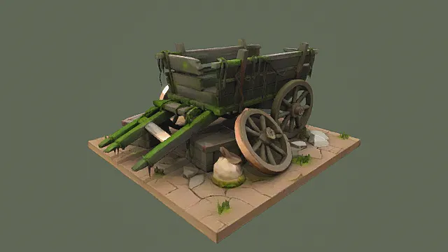 卡通风格复古破旧木车场景3D模型