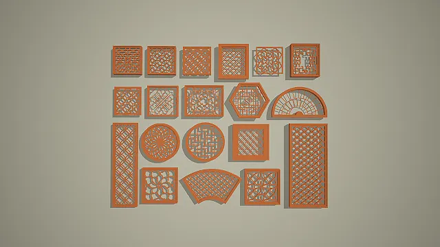 多形制中式镂空花格与窗棂组合 3D 模型