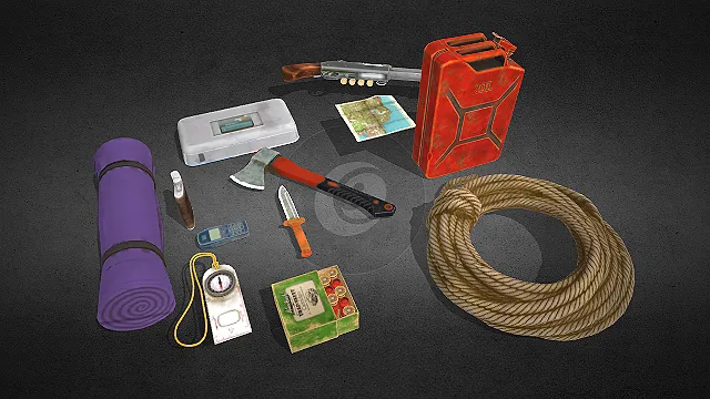 一组荒野求生主题的储备物资的3D模型