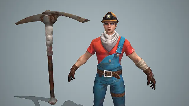 卡通风格矿工男性角色 3D 模型 配套做旧镐头工具套装