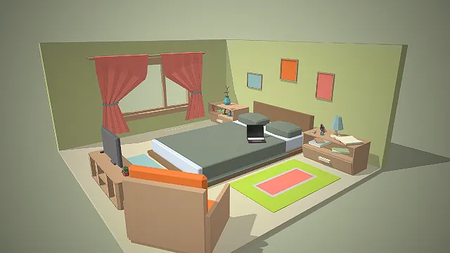 一个低模风格的3D现代卧室模型，摆放着双人床等家具