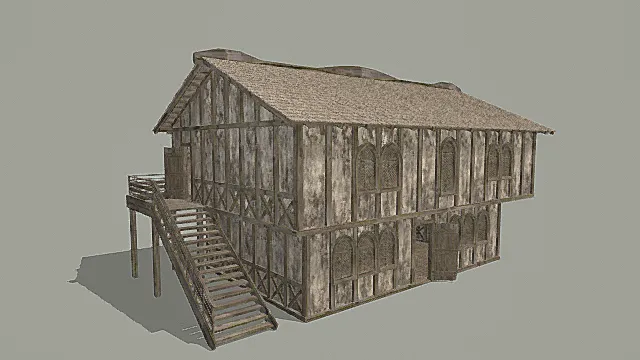 复古全木构双层临水商铺3D模型