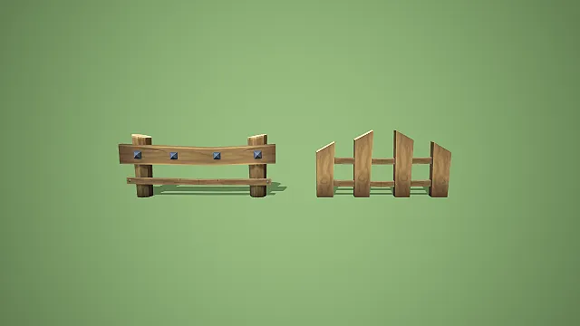 卡通风格双款式木栅栏组合 3D 低多边形场景装饰模型