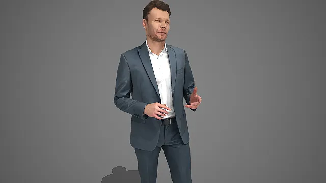 灰纹西装男性摊手站姿商务交流人物 3D 模型
