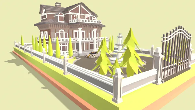 低多边形豪宅场景院子建筑房屋