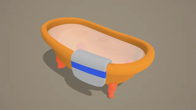 3D卡通风格Q版橙色浴缸模型，创意设计（3D家具、卡通风格、卫浴主题，家居元素）