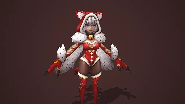 卡通 Q 版圣诞风兽耳狼族女战士带毛绒披风利爪 3D 游戏角色模型