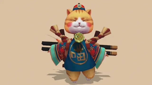 低多边形猫背有拉面和碗的动物NPC模型动画