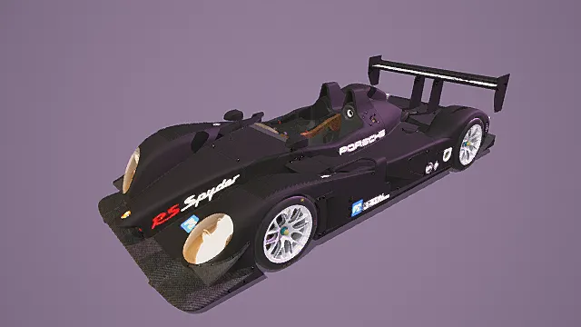 写实风格3D黑色赛车模型，创意设计（写实黑色赛车、3D模型、“RS Spyder”标识、保时捷标志、大尾翼、紫色背景、独