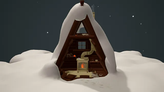 3D卡通风雪中小木屋场景模型，创意设计（3D雪景场景、卡通风格、场景造型、三角形木屋、雪地环境、温馨治愈、冬日主题）