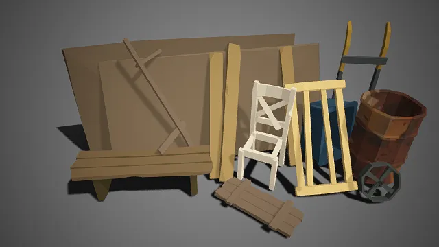 低多边形  废旧杂物堆  破损木椅  锈迹铁皮桶  闲置  装饰性  仓库角落