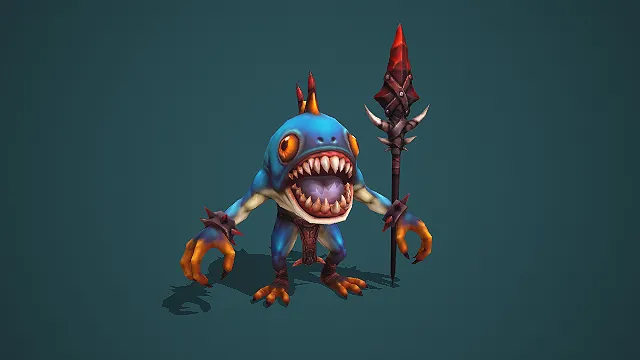 卡通 Q 版蓝皮尖牙鱼人带红晶长矛 3D 游戏小怪模型