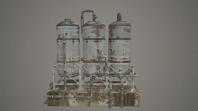 废土风格三联储料罐组3D模型